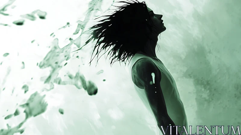 Dream-soaked silhouette rising through soft green waves.