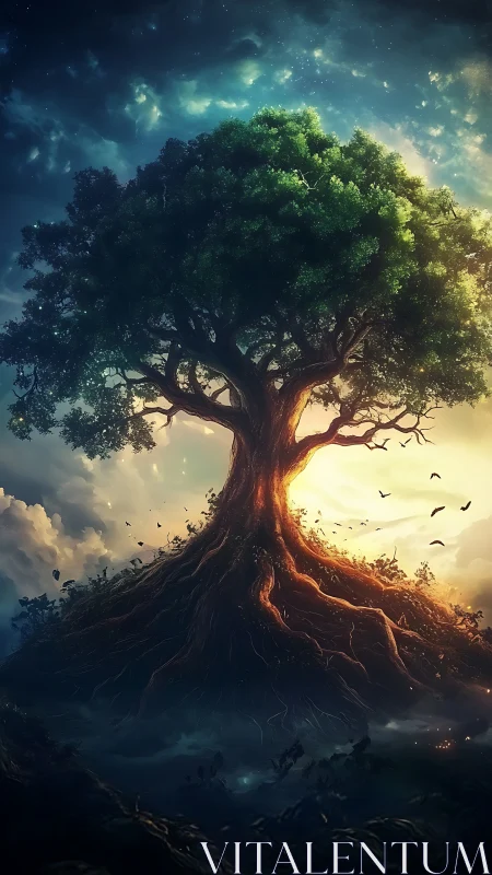 Luminescent cosmic world-tree with exposed radiating root web.