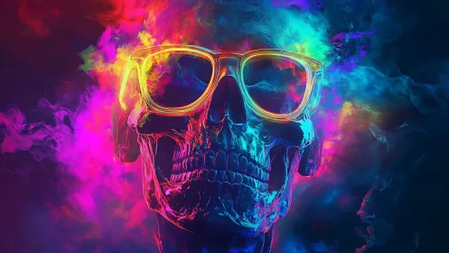 Neon vapor skull with glowing glasses in chromatic haze.