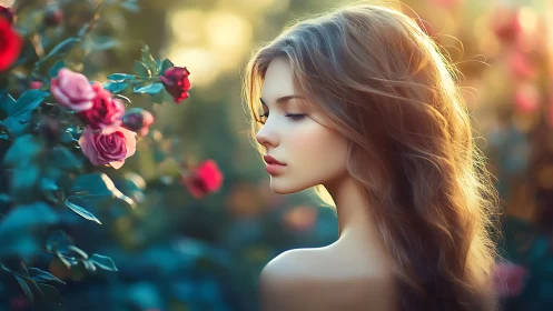 Softly glowing girl finding quiet magic in a rose garden.