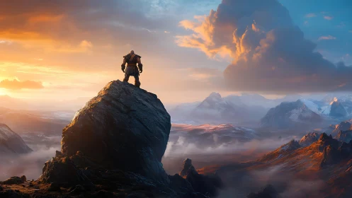 Armored figure stands on rocky summit above distant ranges
