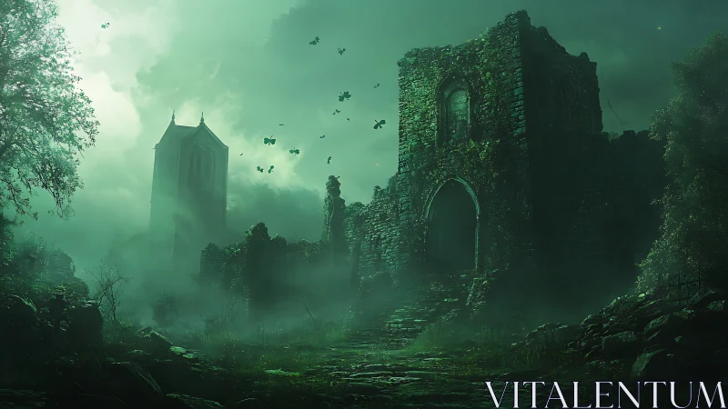 Ancient ruined abbey looms through emerald haunted fog