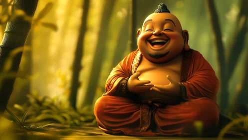 Laughing monk statue in glowing bamboo forest lightscape.