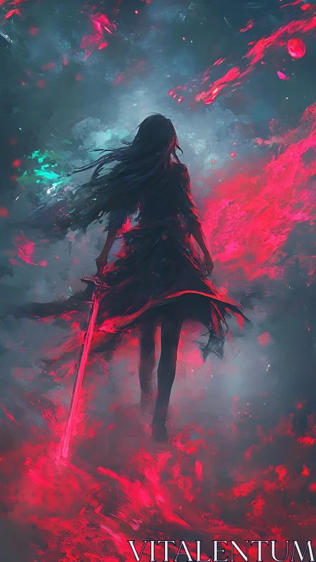 Silhouetted figure with sword moves through red energy field