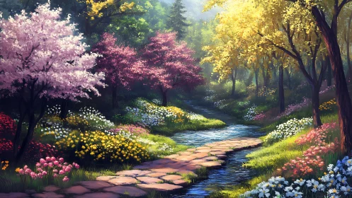 Sunlit forest creek winds through blooming spring garden.