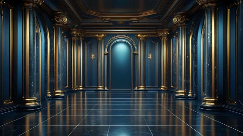Midnight sapphire ballroom where gilded columns gleam.
