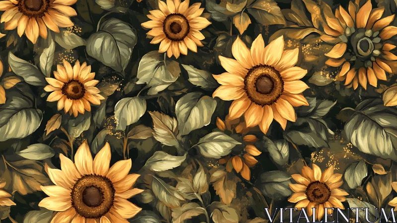 Golden Sunflowers Dancing Among Emerald Leaves.