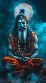 Digital painting of mystical sage in moonlit smoke portrait.