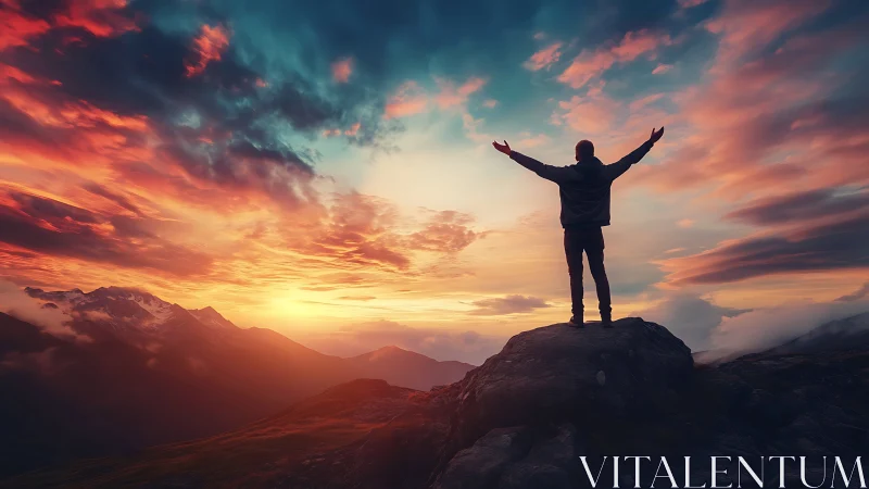 Silhouette on mountain peak under vivid sunset sky.