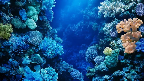 Shimmering coral canyon in luminous sapphire depths.