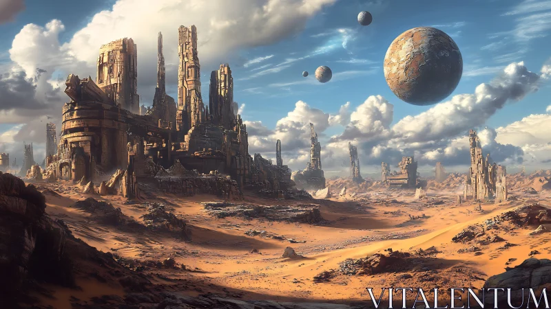 Digital painting of ruined desert megastructures under orbiting worlds.