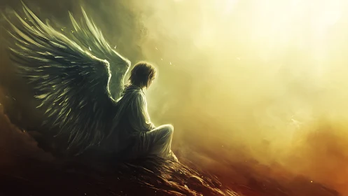 Winged figure sits on rocky ground against intense glowing light