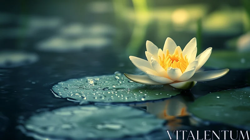 Macro water lily rendered with shallow depth and specular highlights