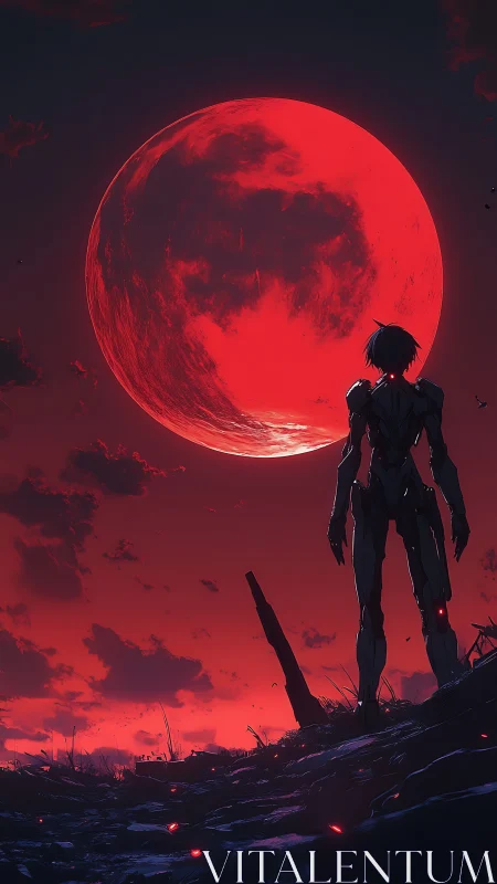 Solitary mech under a crimson moonlit horizon glow.