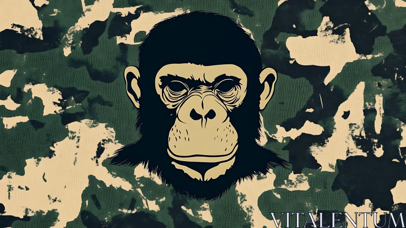 Vector simian head on abstract camouflage field background.