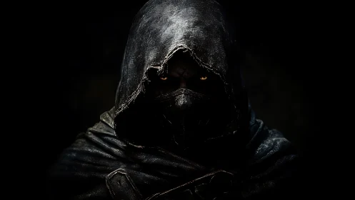 Shadowed wanderer waits in the dark with burning golden eyes