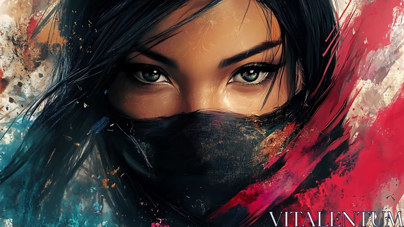 Masked warrior portrait with intense emerald eyes.