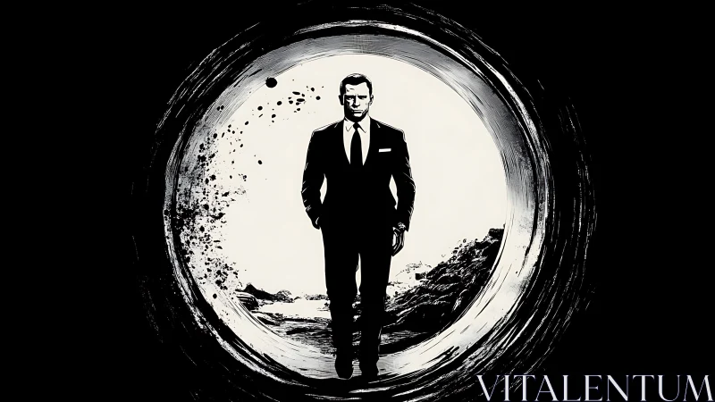 Monochrome suited figure framed in dynamic circular tunnel