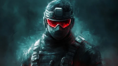 Tactical figure in dark armor with red visor in haze.