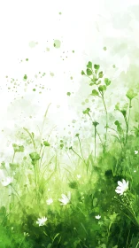 Watercolor botanical gradient showing delicate white flowers transitioning through layered green fol