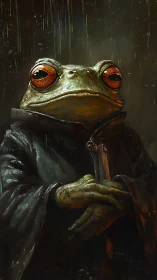 Stoic anthropomorphic frog in cloak under rain at night.