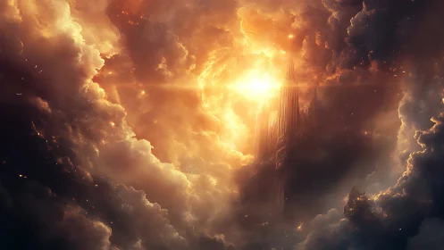 Radiant sky temple glowing softly within swirling clouds.