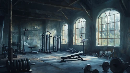 Industrial daylight weight room with analog strength apparatus.