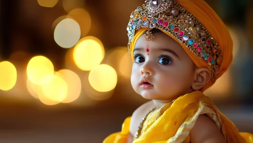 Golden-glow baby portrait in jeweled festive turban.