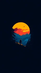 Silhouetted figure on forest ridge before stylized sunset.