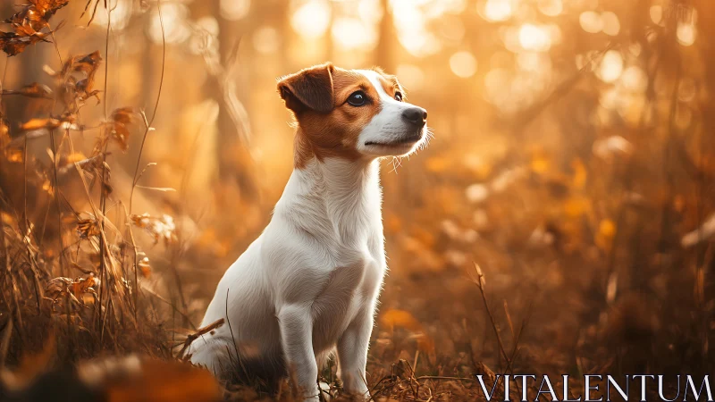 Jack Russell terrier watches autumn forest light glow.