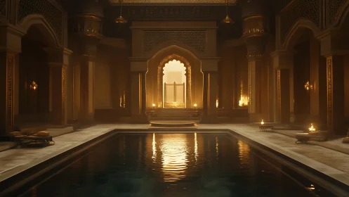Interior view of ornate indoor pool in arched hall.