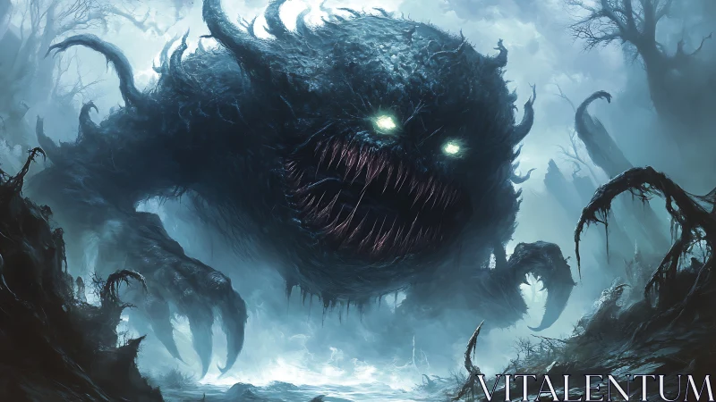 Massive glowing-eyed shadow monster in misty swamp.