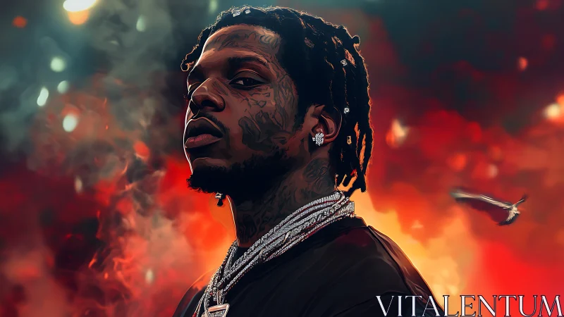 Tattooed hip-hop portrait over cinematic ember clouds.