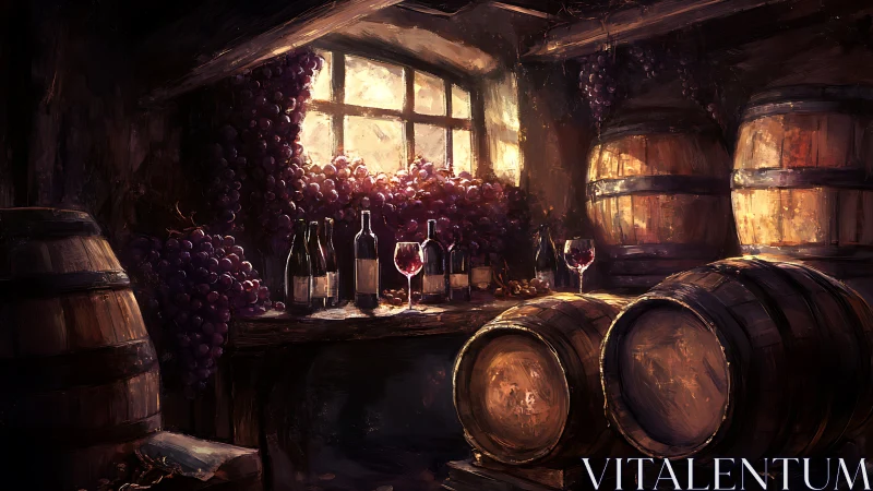 Cellar sunlight steeps grapes, barrels, and wine in quiet amber glow