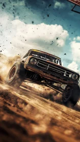 Off-road racing truck blasting through flying desert grit.