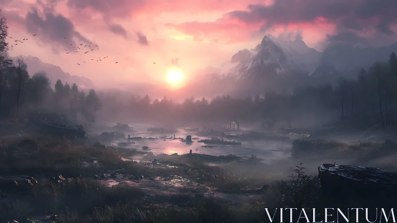 Mist valley sunrise bathes mountains in rose light.