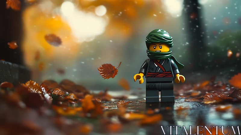 Lego ninja minifigure stands on wet autumn street with shallow depth