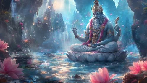 Serene blue deity meditates on lotus above radiant water.