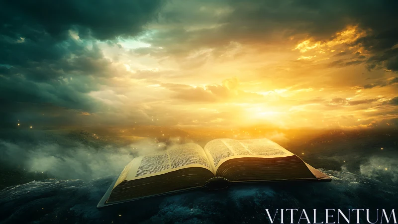 Luminous ancient book on rocky plateau under volumetric sunrise glow