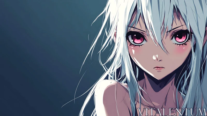 White-haired anime girl portrait with intense pink eyes.