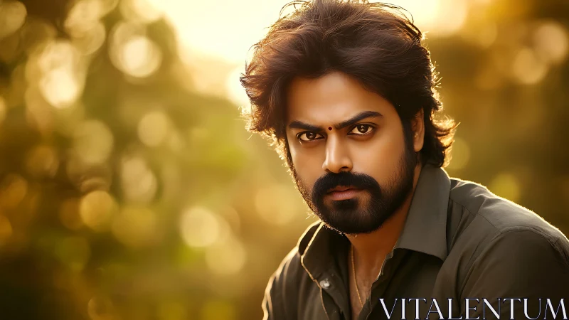 Sunlit portrait of thoughtful man in soft golden bokeh.