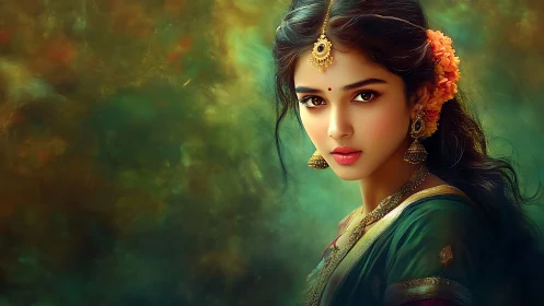 Graceful young woman in traditional attire, softly glowing.