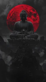 Moonlit Buddha over crimson night sky of quiet power.