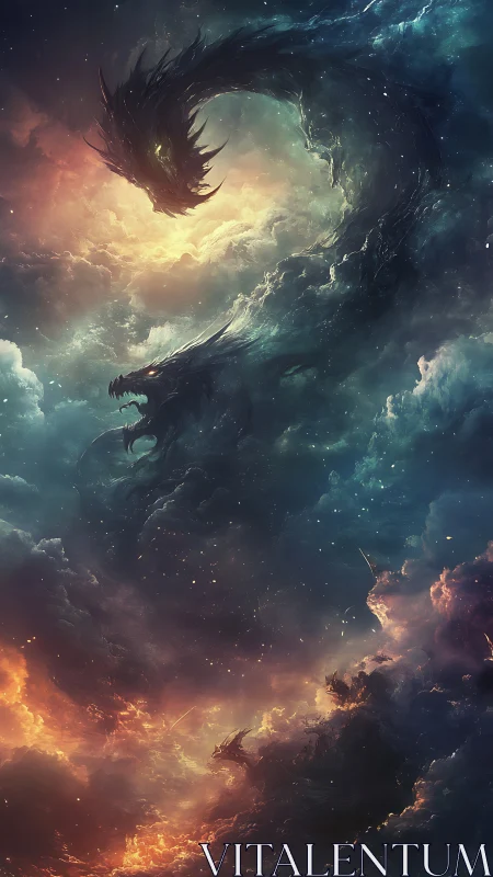Cosmic storm dragon coils through glowing nebula skies.