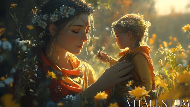 Soft golden afternoon with mother and child in flowers.