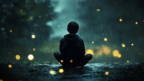 Backlit child in rain with shallow depth, bokeh firefly orbs glowing