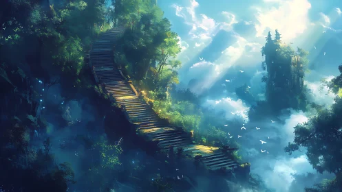 Wooden Bridge Through Misty Fantasy Forest with Tower.