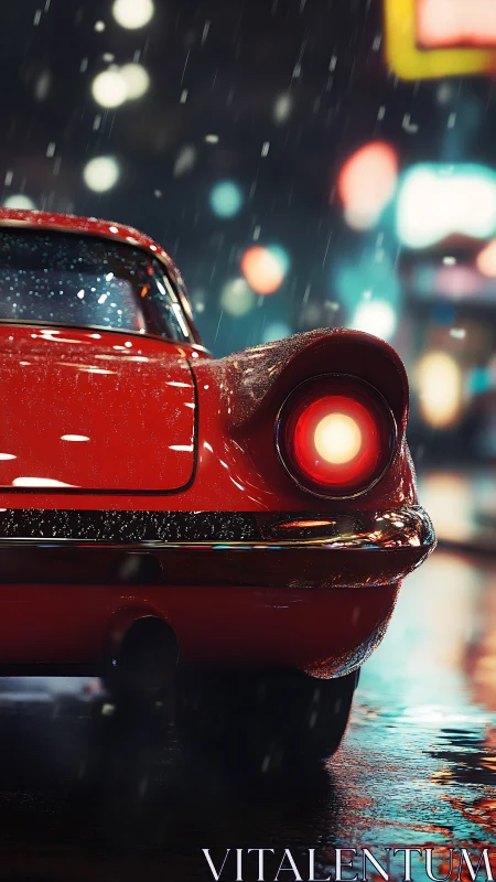 Vintage red coupe tail-light glowing in rainy neon street.