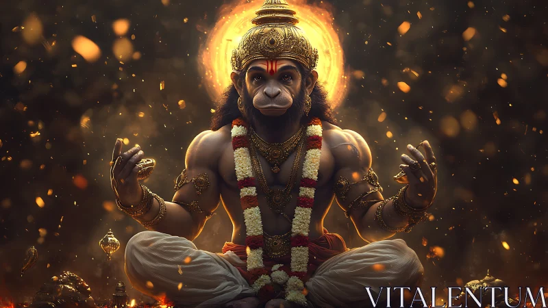 Divine Hanuman meditation under radiant golden aura.