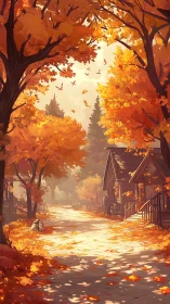 Autumn forest lane with wooden cabins under orange foliage.